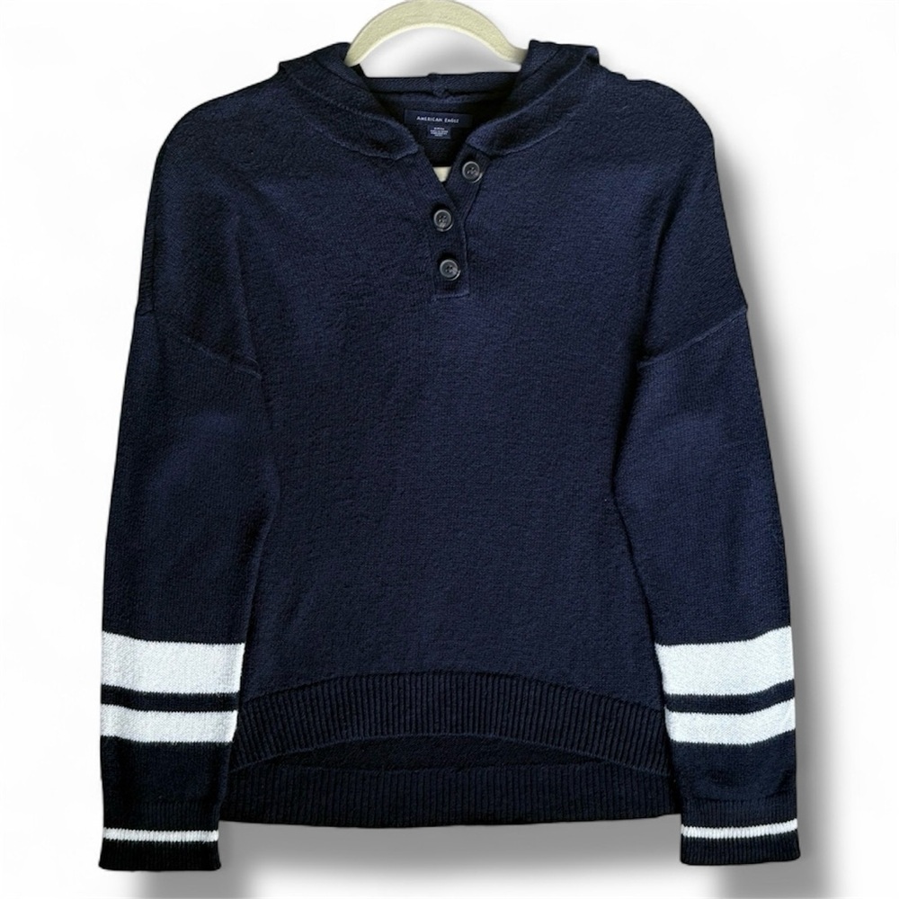 American Eagle Navy Hooded Knit Sweater with White Stripes on Sleeves​​​